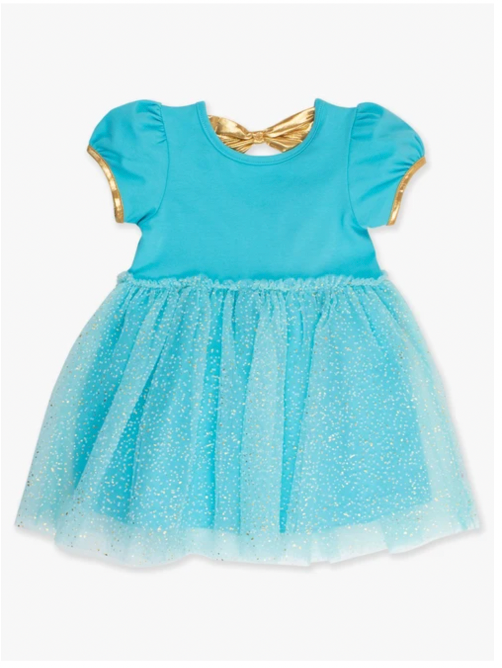 Teal Golden Princess Short Sleeve Princess Bow Twirl Dress