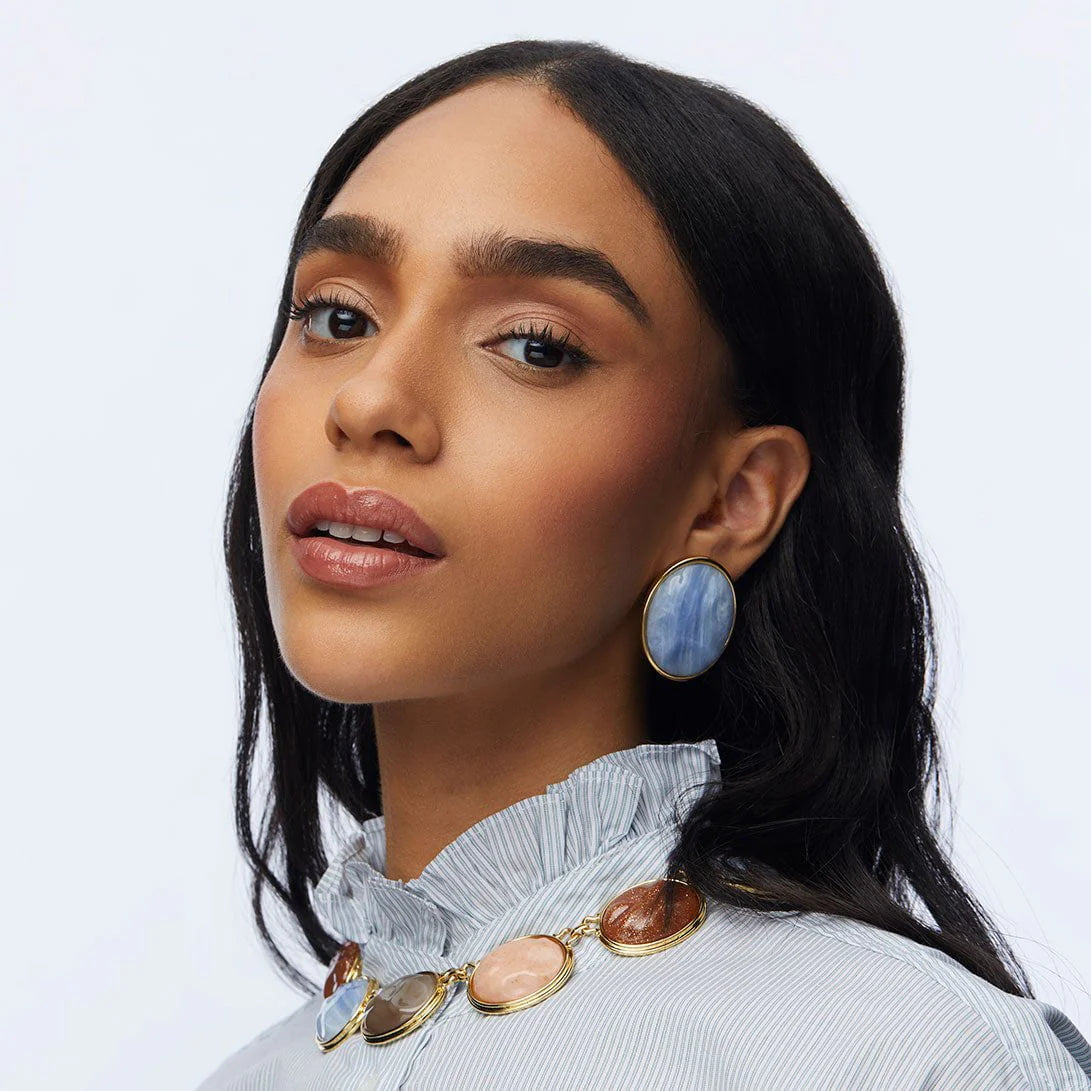BLUE LACE AGATE REFLECTION BUTTON EARRINGS