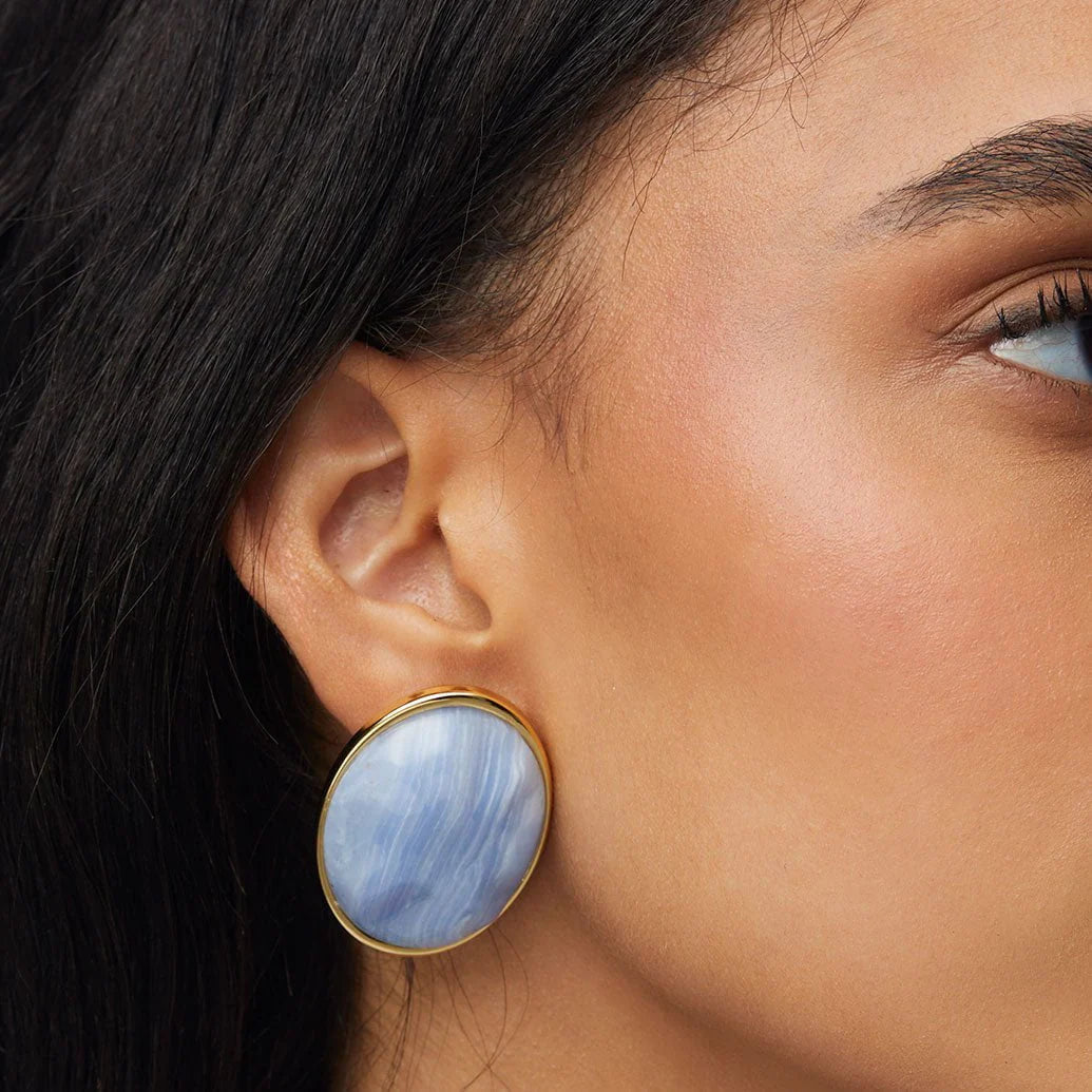 BLUE LACE AGATE REFLECTION BUTTON EARRINGS