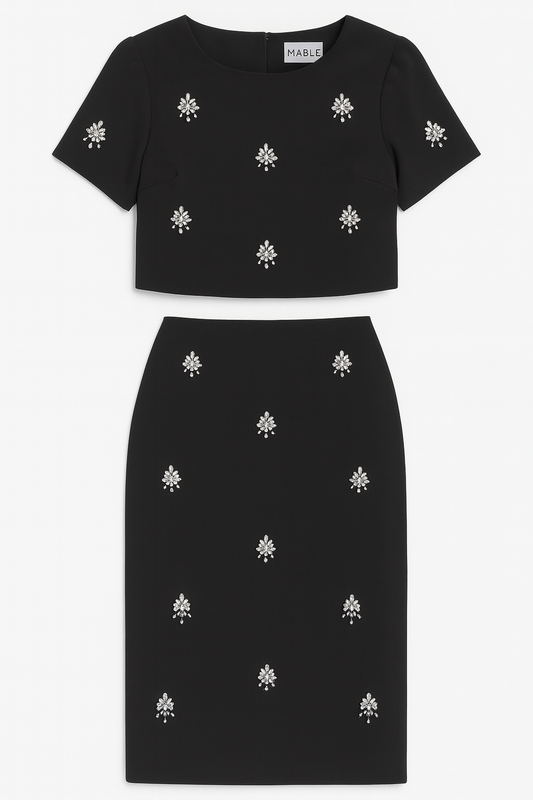 Rhinestone trim top and skirt set