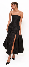 Strapless Ruched Bubble Maxi Dress, Black