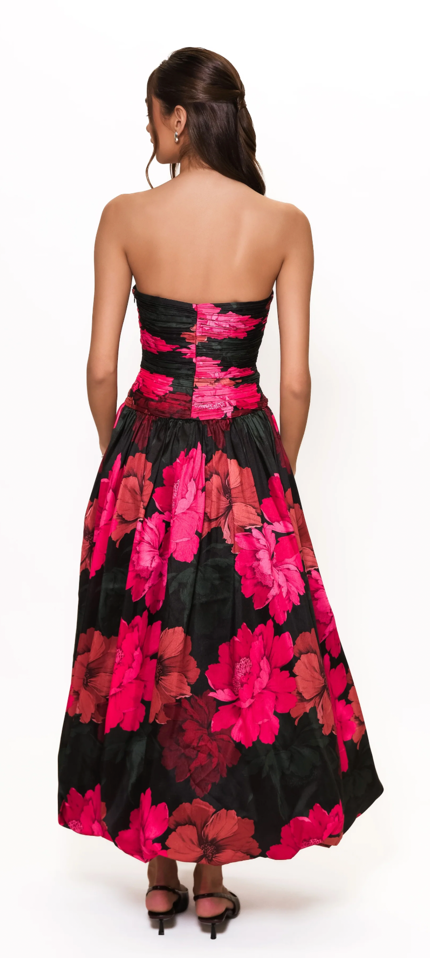 Ruched Strappless Maxi Dress, Fuchsia Multi Sketched Floral