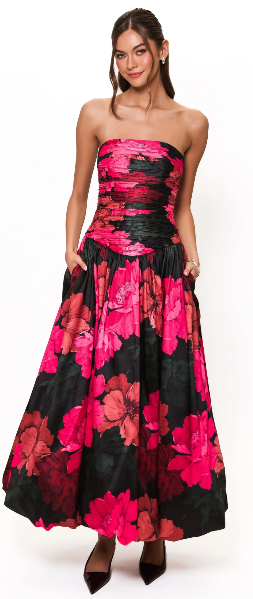 Ruched Strappless Maxi Dress, Fuchsia Multi Sketched Floral