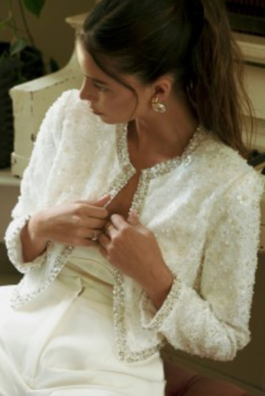 Beaded Applique Cropped Open Jacket