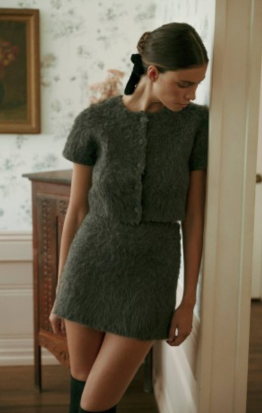Fluffy Crop Cardigan and Mini Skirt Set