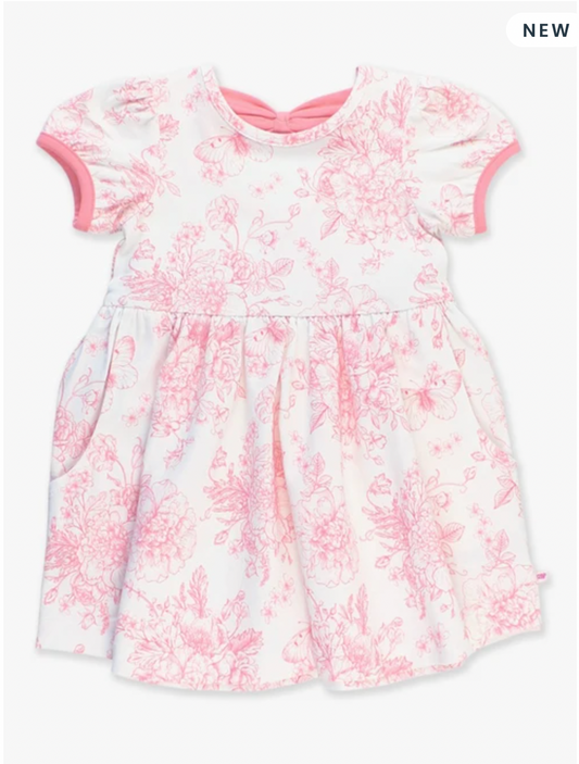 Bubblegum Pink Butterfly Garden Toile Puff Short Sleeve Bow Twirl Dress