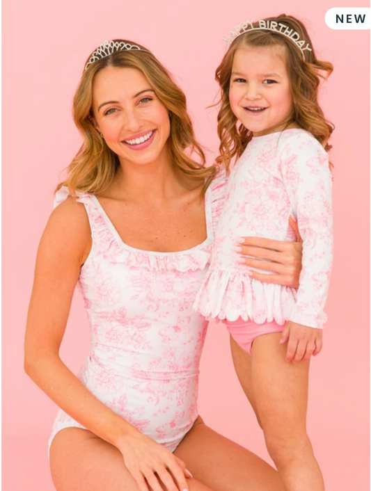 Bubblegum Pink Butterfly Garden Toile Women's Ruffle One Piece