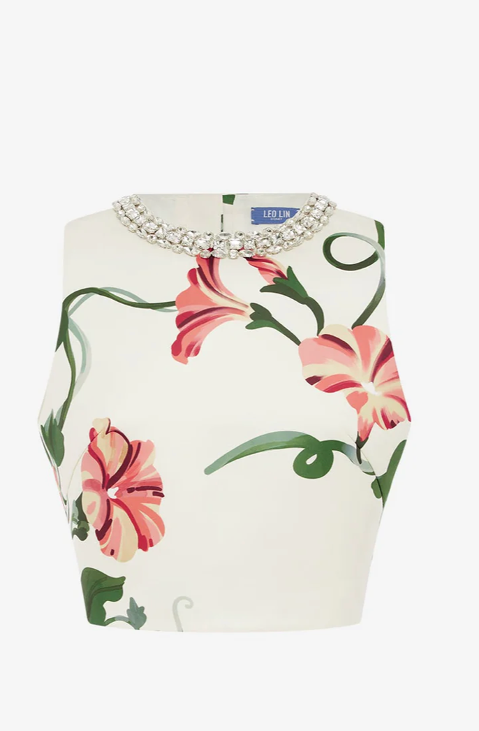 Iris Embellished Top - Vine Print in Snow