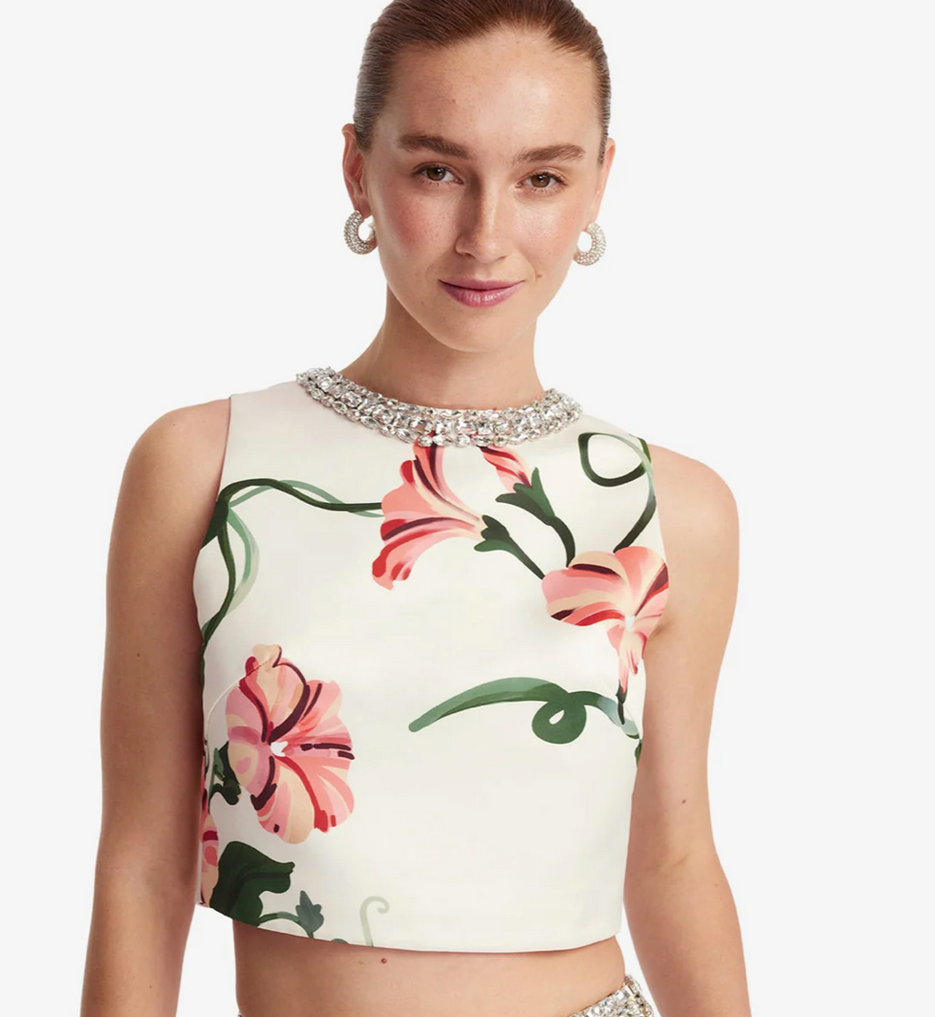 Iris Embellished Top - Vine Print in Snow