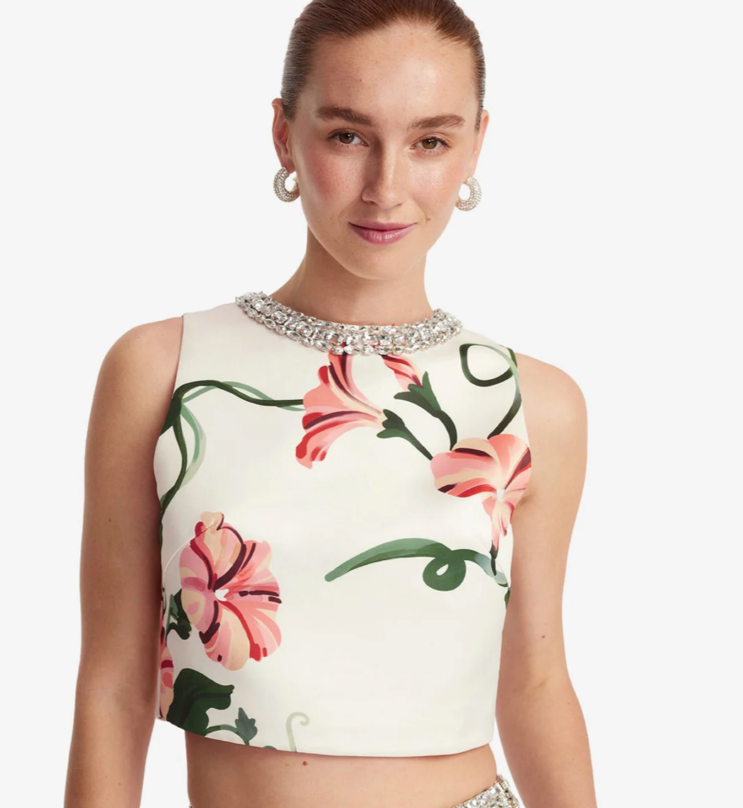 Iris Embellished Top - Vine Print in Snow