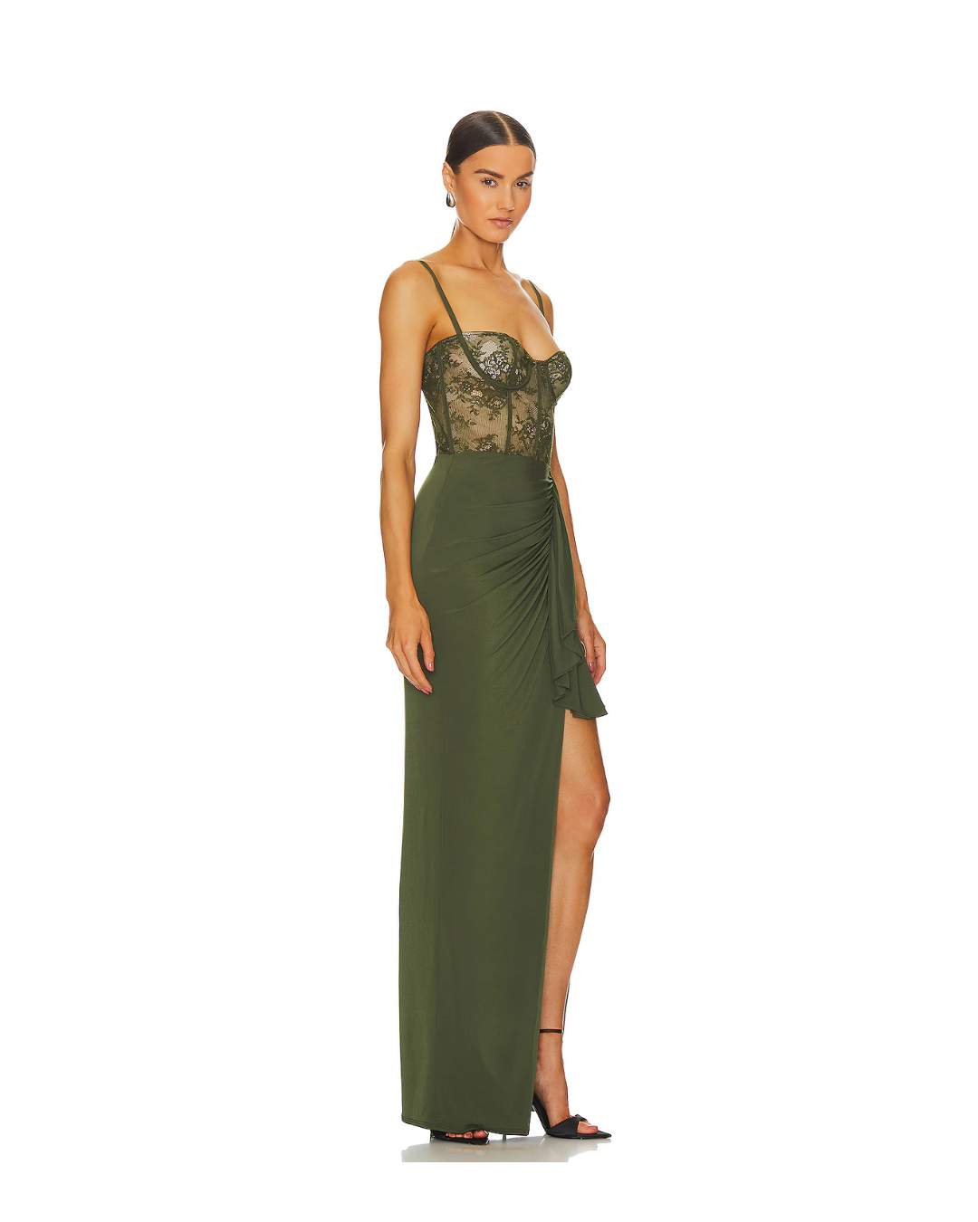 WILLOW- LACE BSTR TOP W/DRAPED JERSEY SKT & SLIT-MILITARY